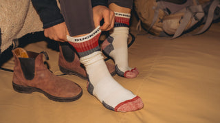 A person wearing merino wool socks in the winter.