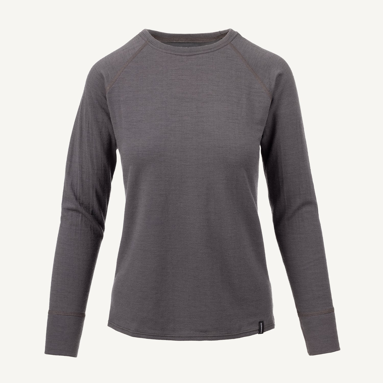 A gray American made Duckworth merino wool long sleeve base layer.