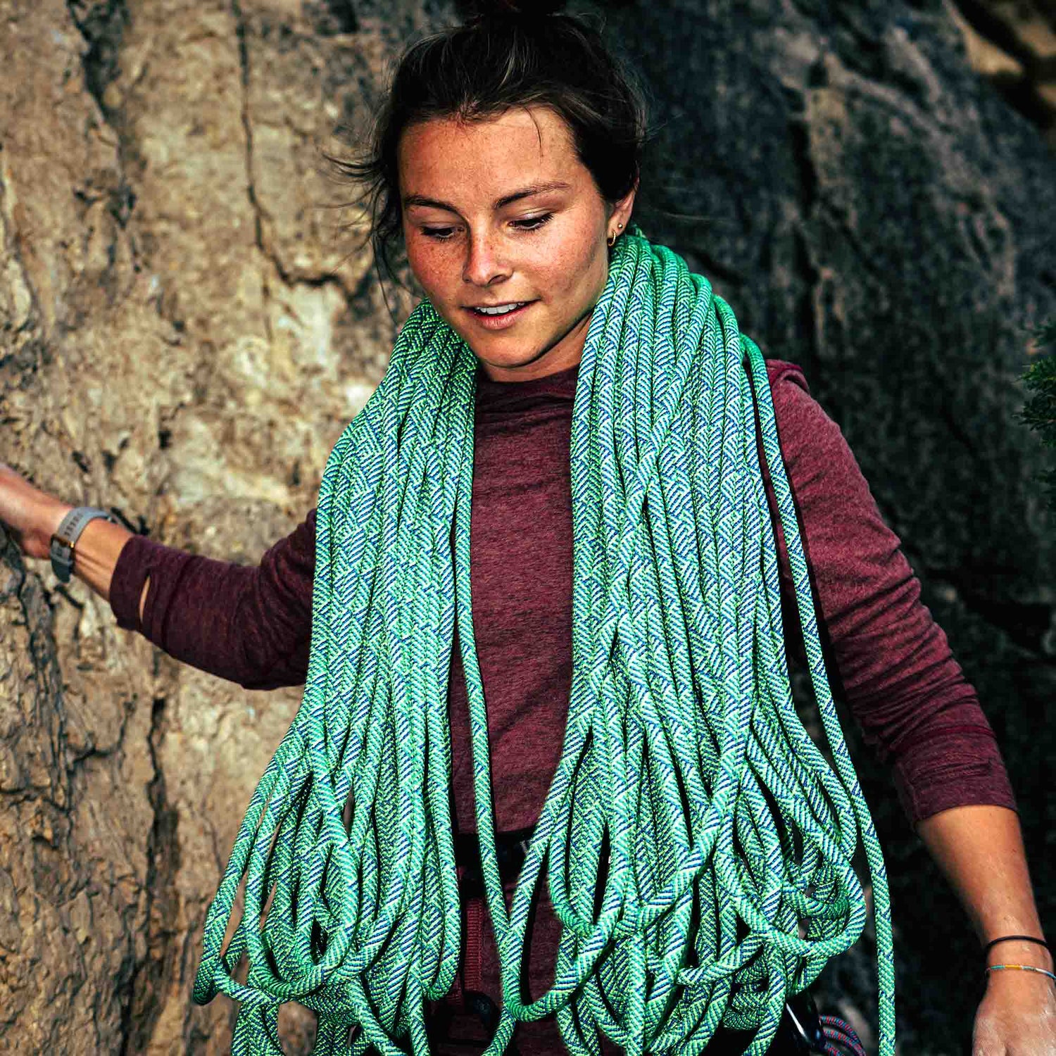 A climber wearing an American made Duckworth merino wool performance hoody.
