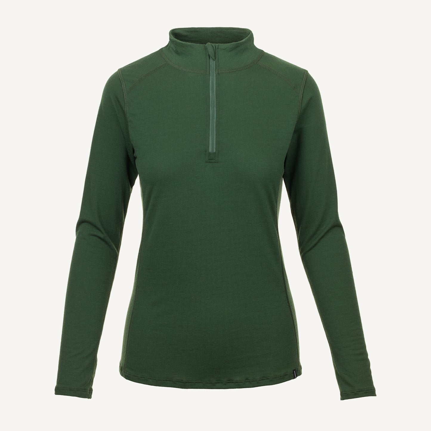 A green American made Duckworth merino wool quarter zip base layer.