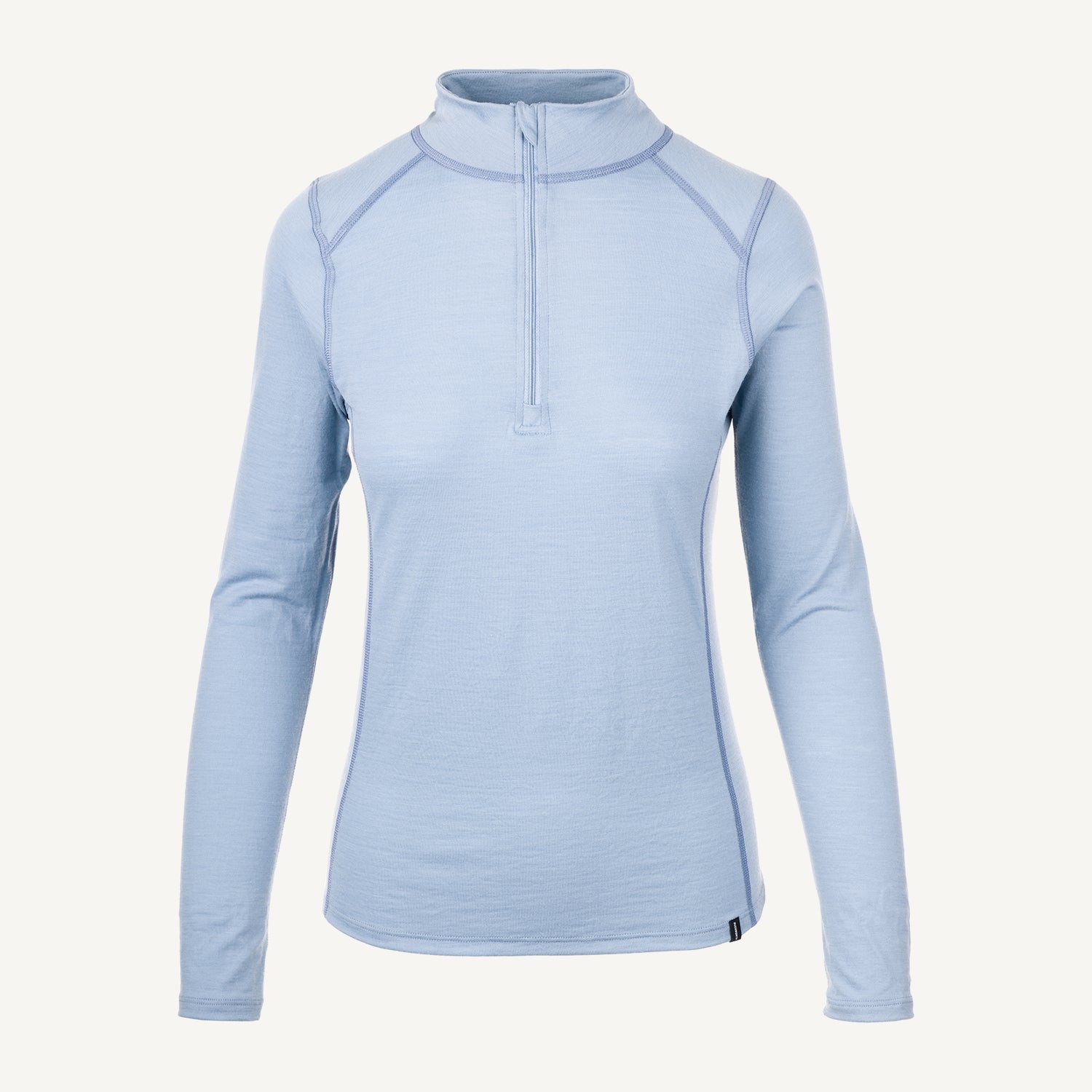 A blue American made Duckworth merino wool quarter zip base layer.