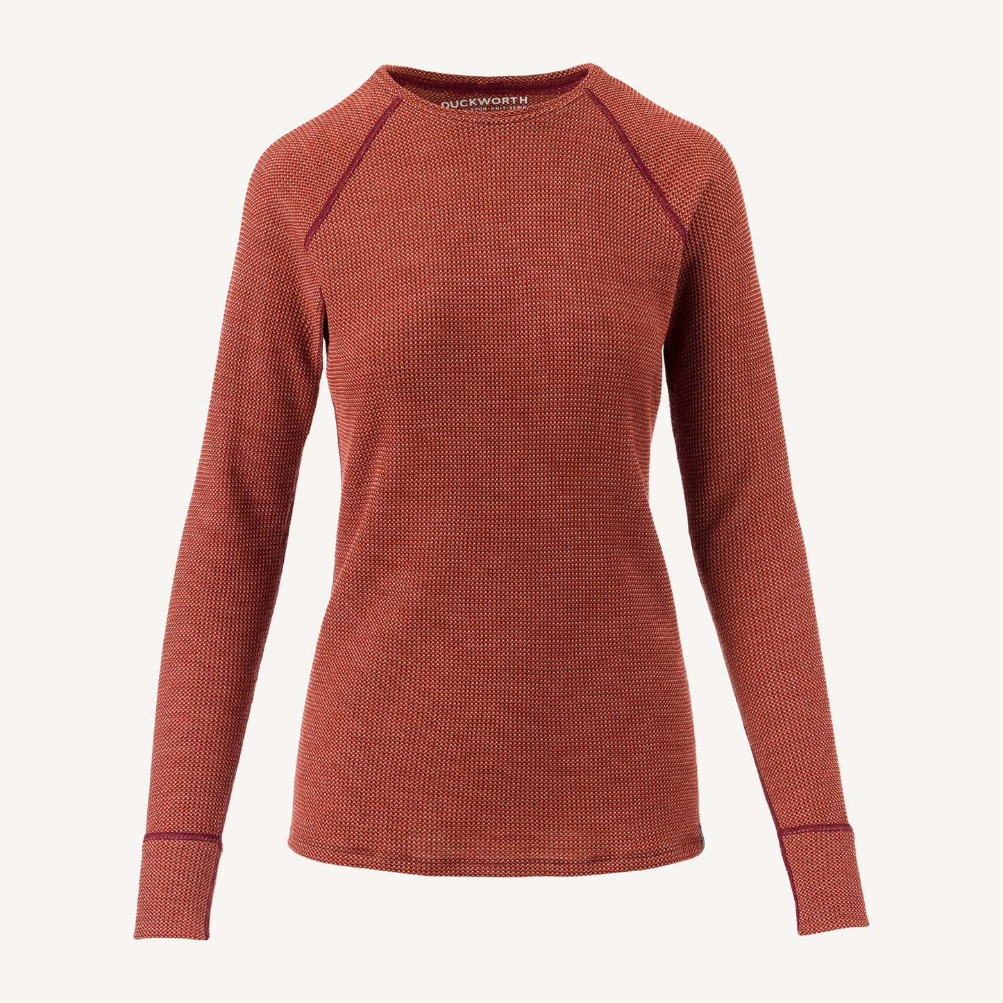 A red American made Duckworth merino wool long sleeve waffle knit.