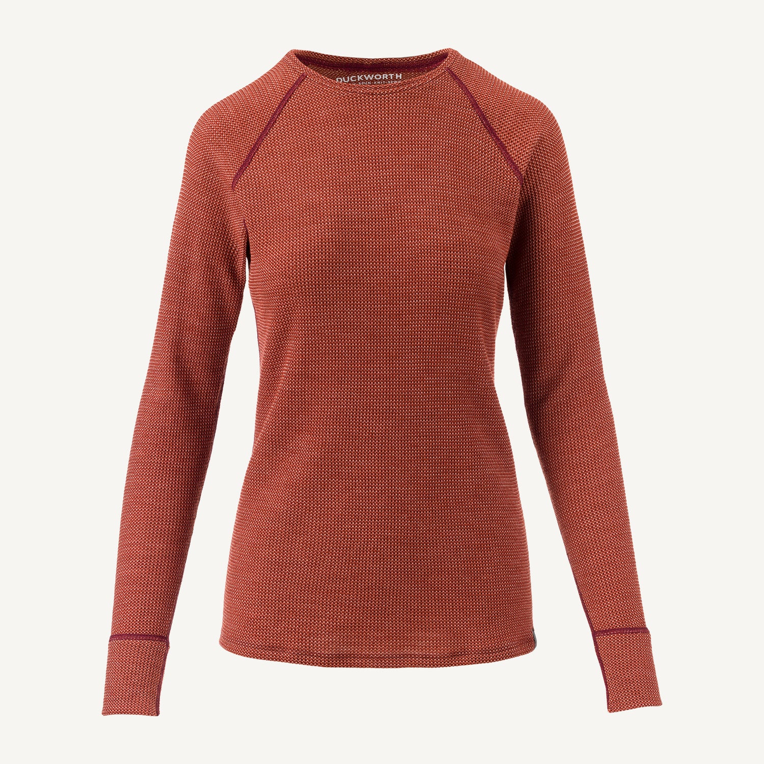 A red American made Duckworth merino wool long sleeve waffle knit.