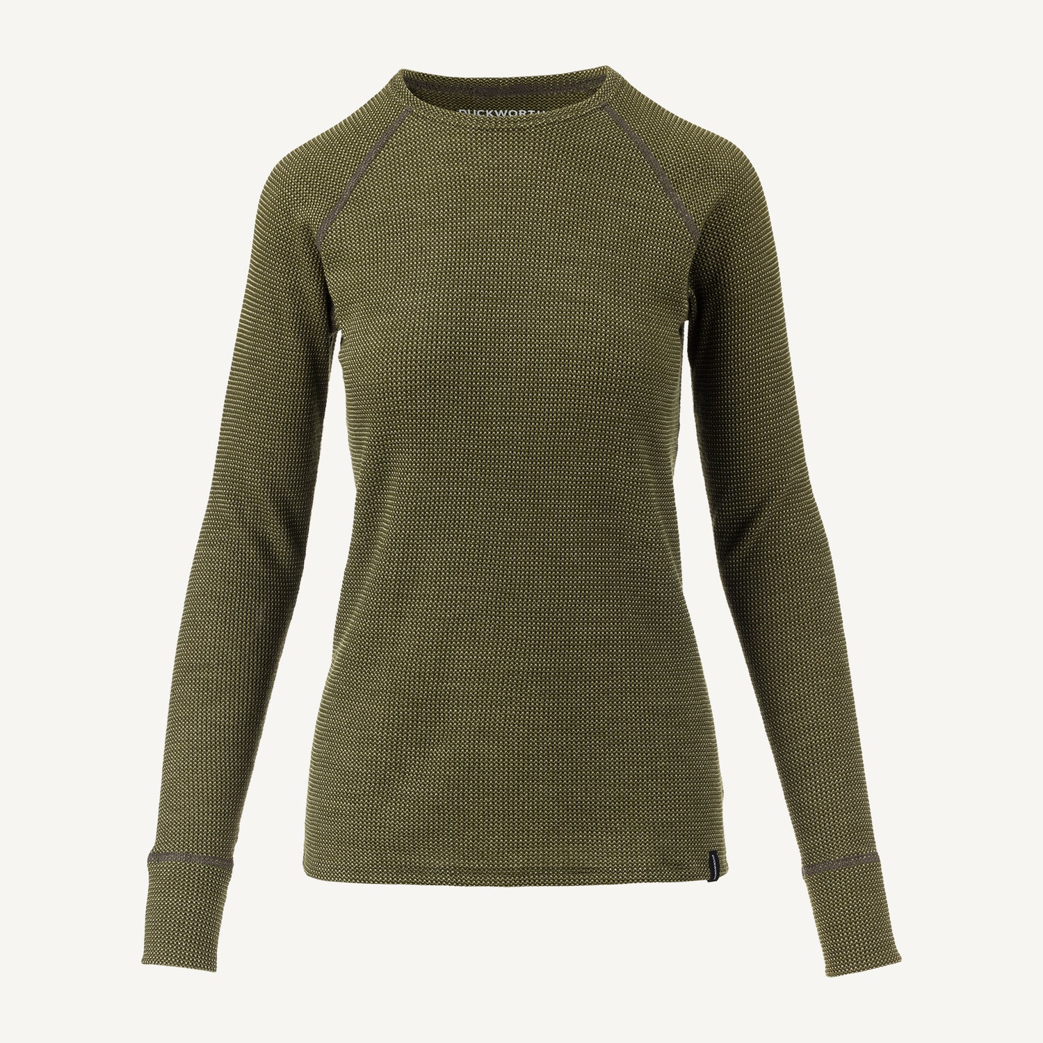 A green American made Duckworth merino wool long sleeve waffle knit.