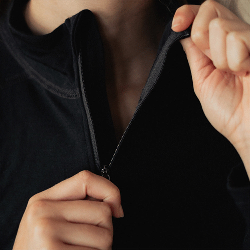 A black American made Duckworth merino wool quarter zip base layer.