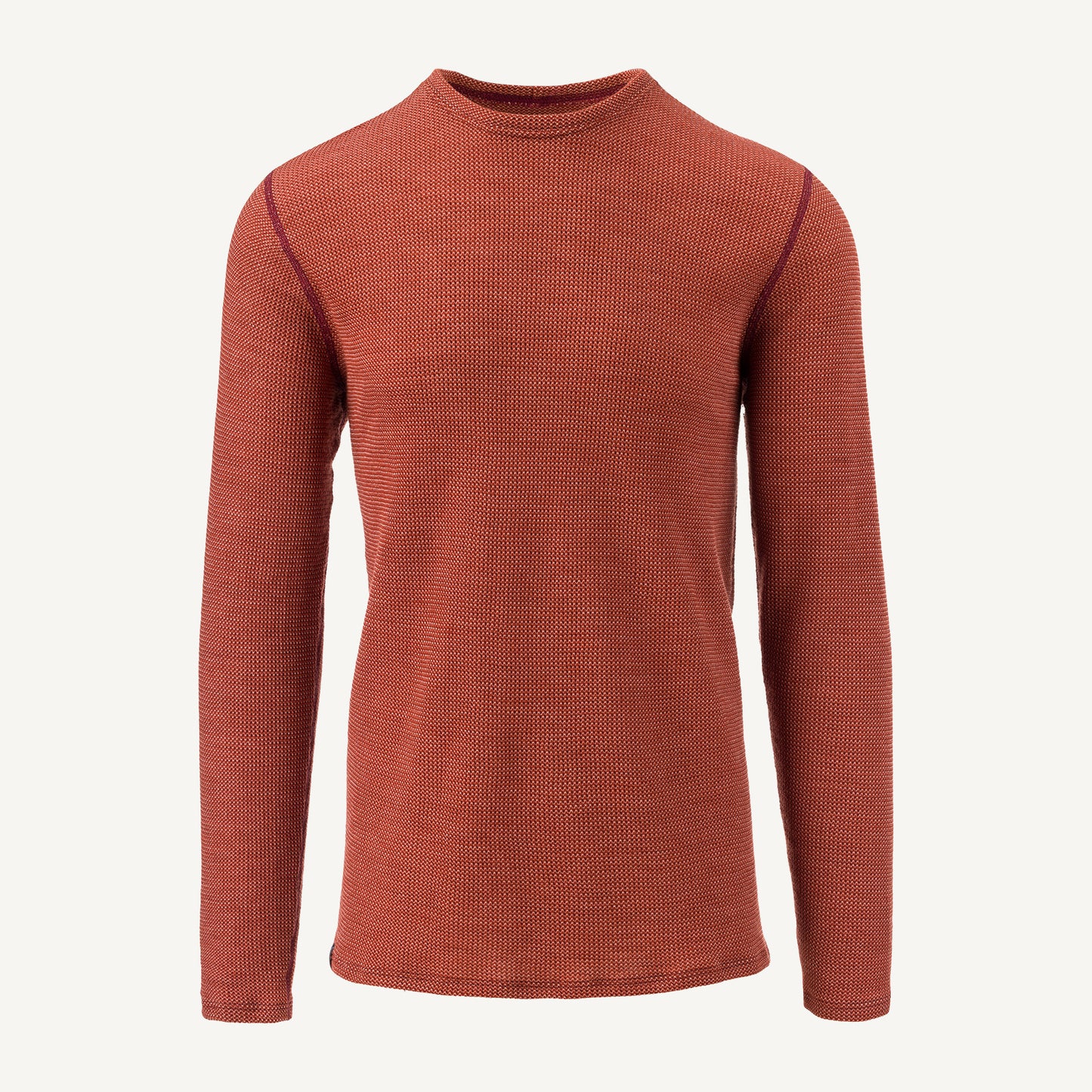 A red American made Duckworth merino wool waffle knit long sleeve crew shirt. 