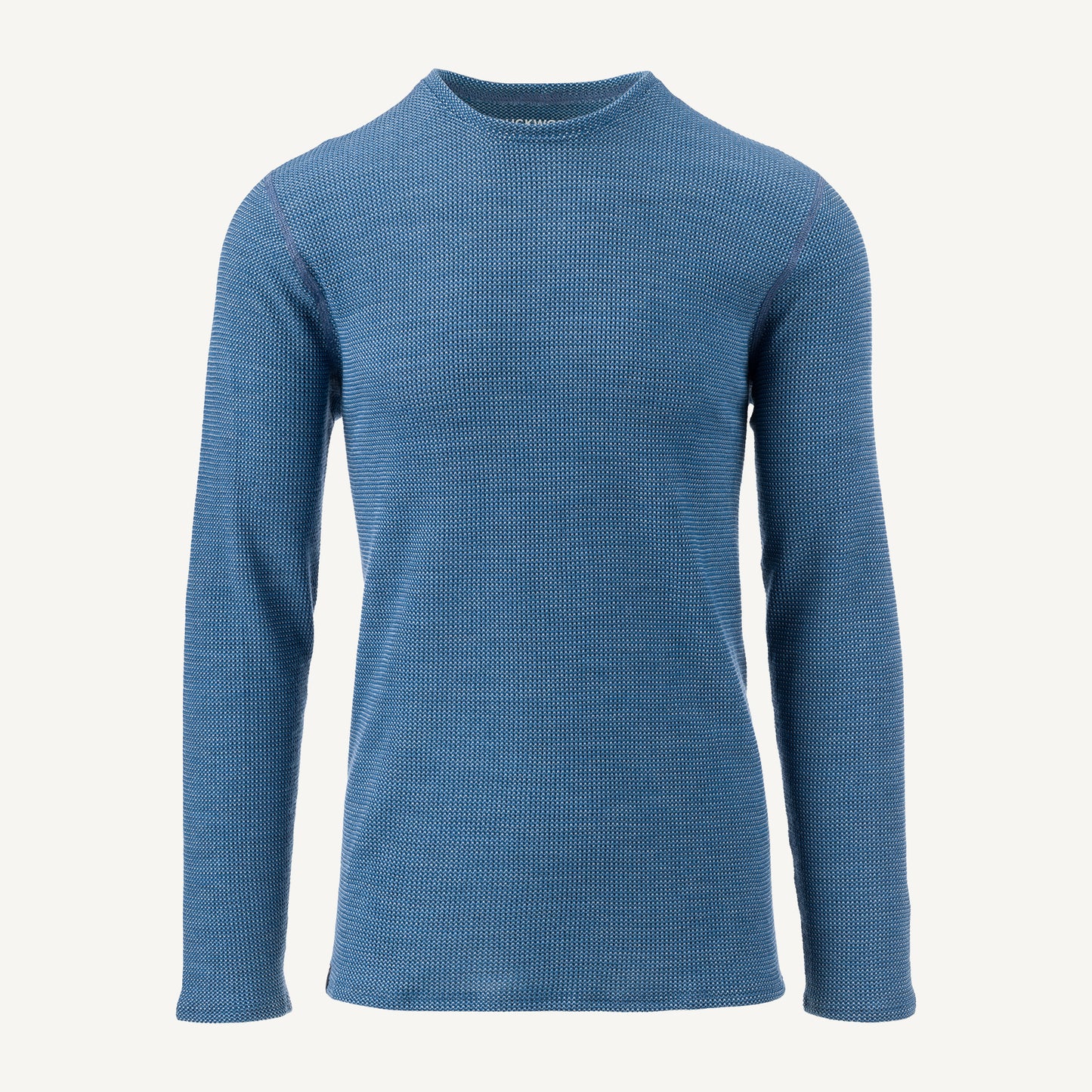 A blue American made Duckworth merino wool waffle knit long sleeve layer. 