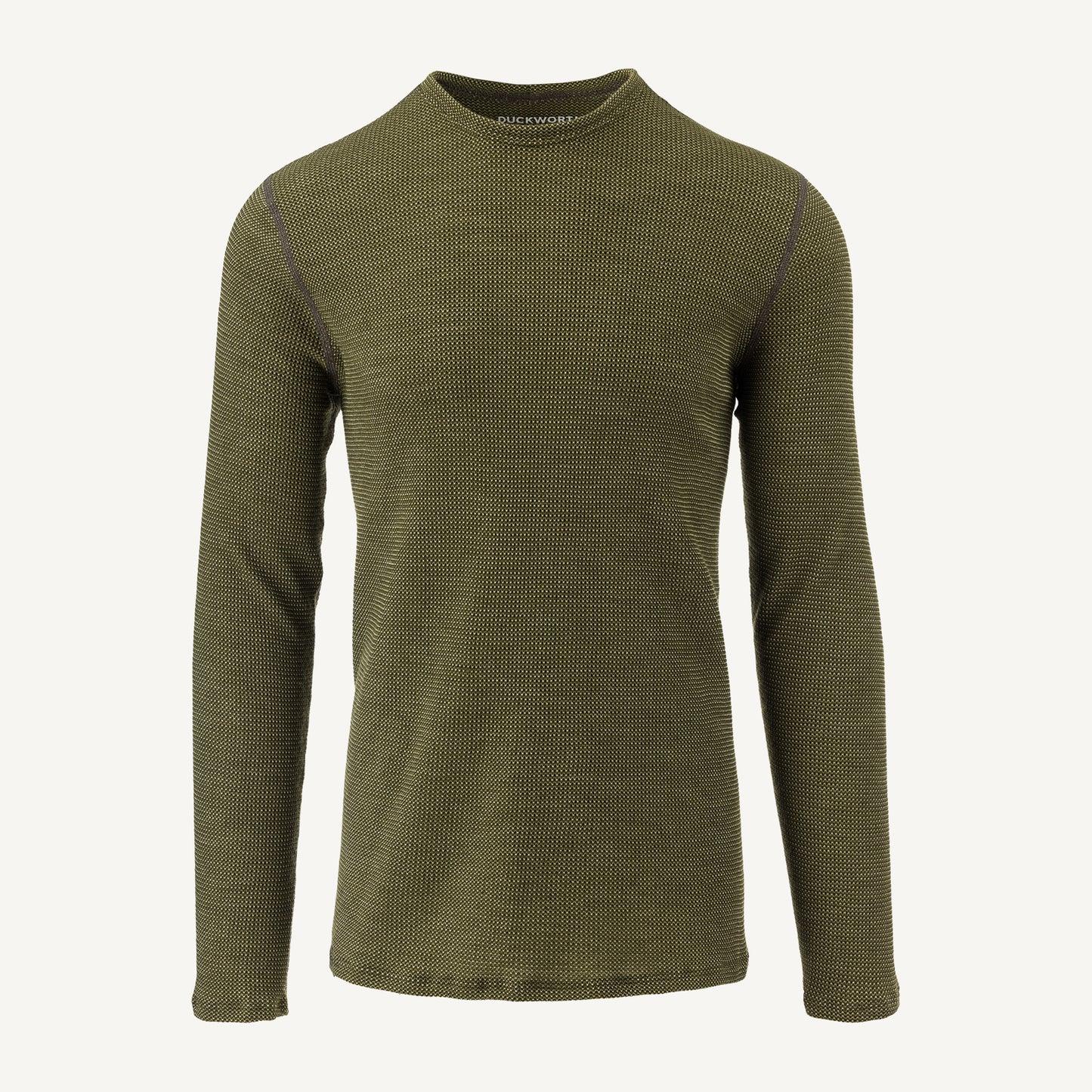 A green American made Duckworth merino wool waffle knit long sleeve baselayer. 