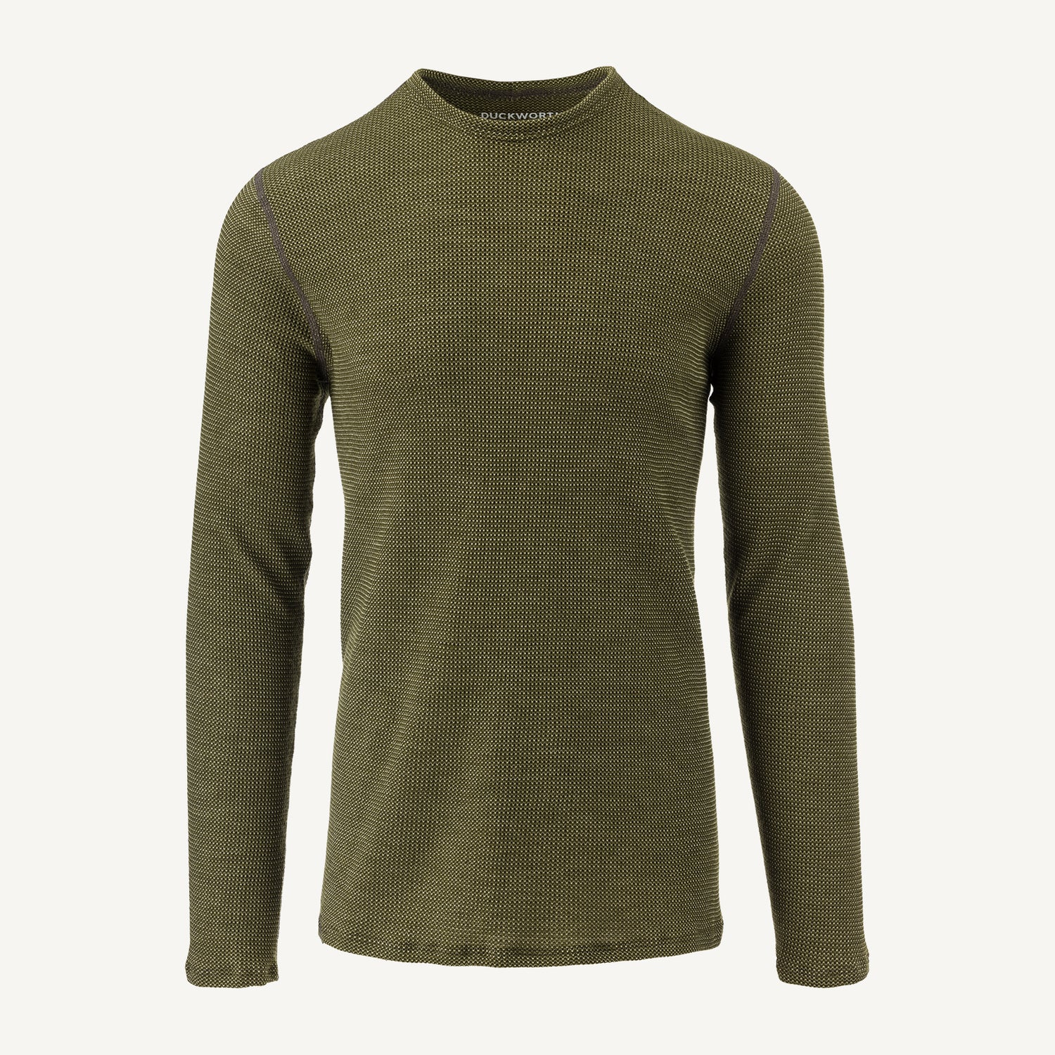 A green American made Duckworth merino wool waffle knit long sleeve baselayer. 