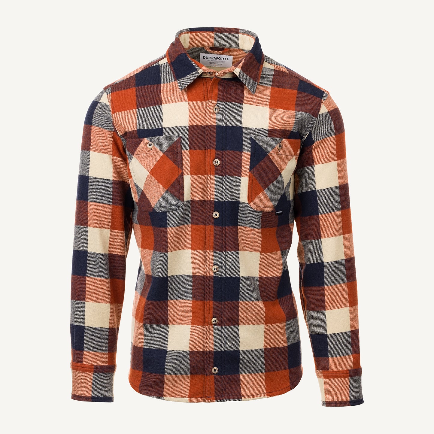 A red and blue plaid American made Duckworth merino wool flannel work shirt.