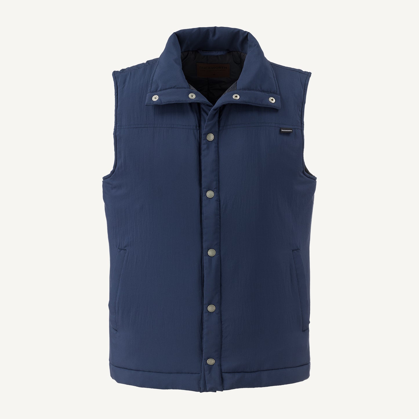 A blue American made Duckworth soft shell wool insulated vest.