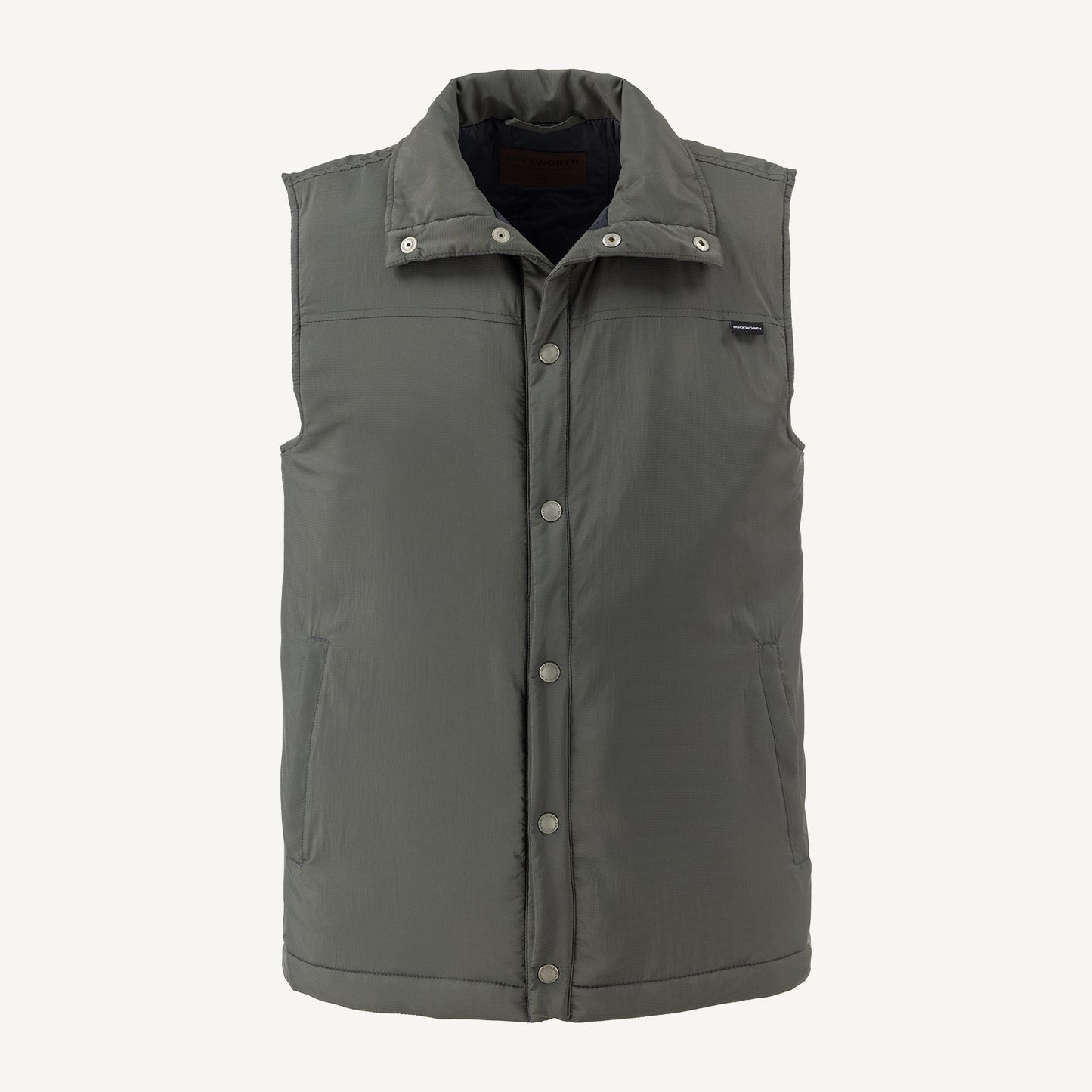 A gray American made Duckworth soft shell wool insulated vest.