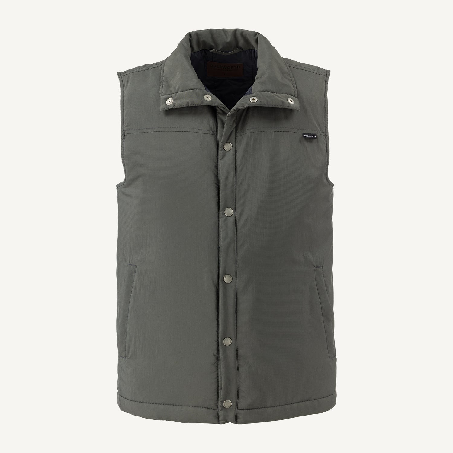 A gray American made Duckworth soft shell wool insulated vest.
