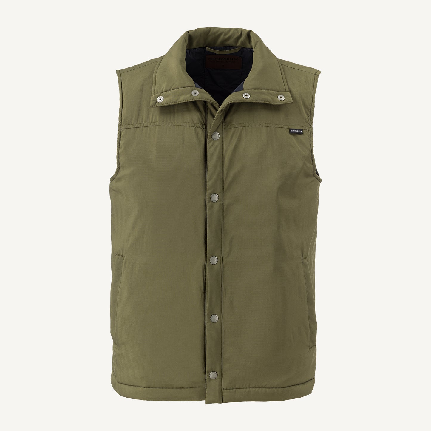 A green American made Duckworth soft shell wool insulated vest.
