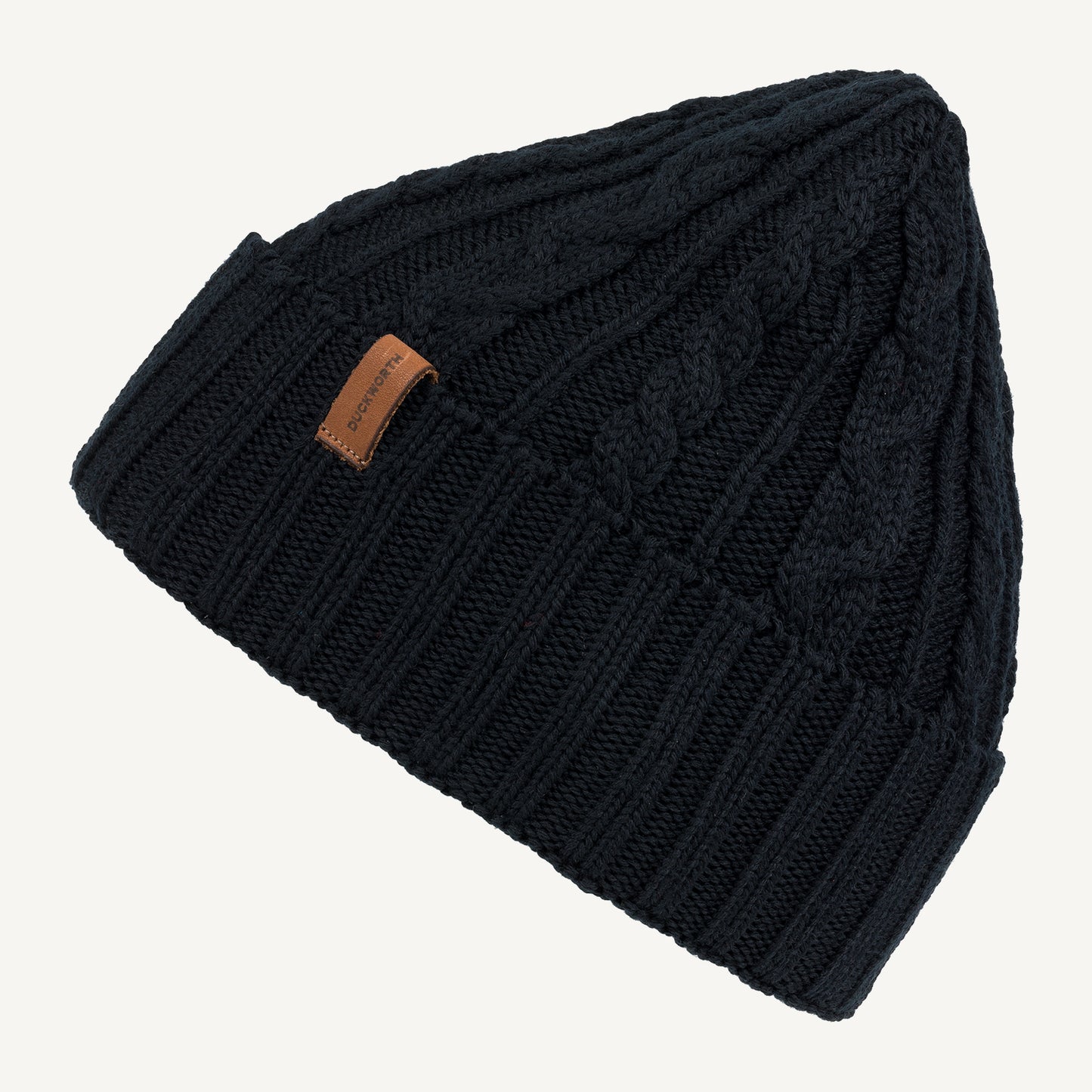 A black knitted American made merino wool hat.