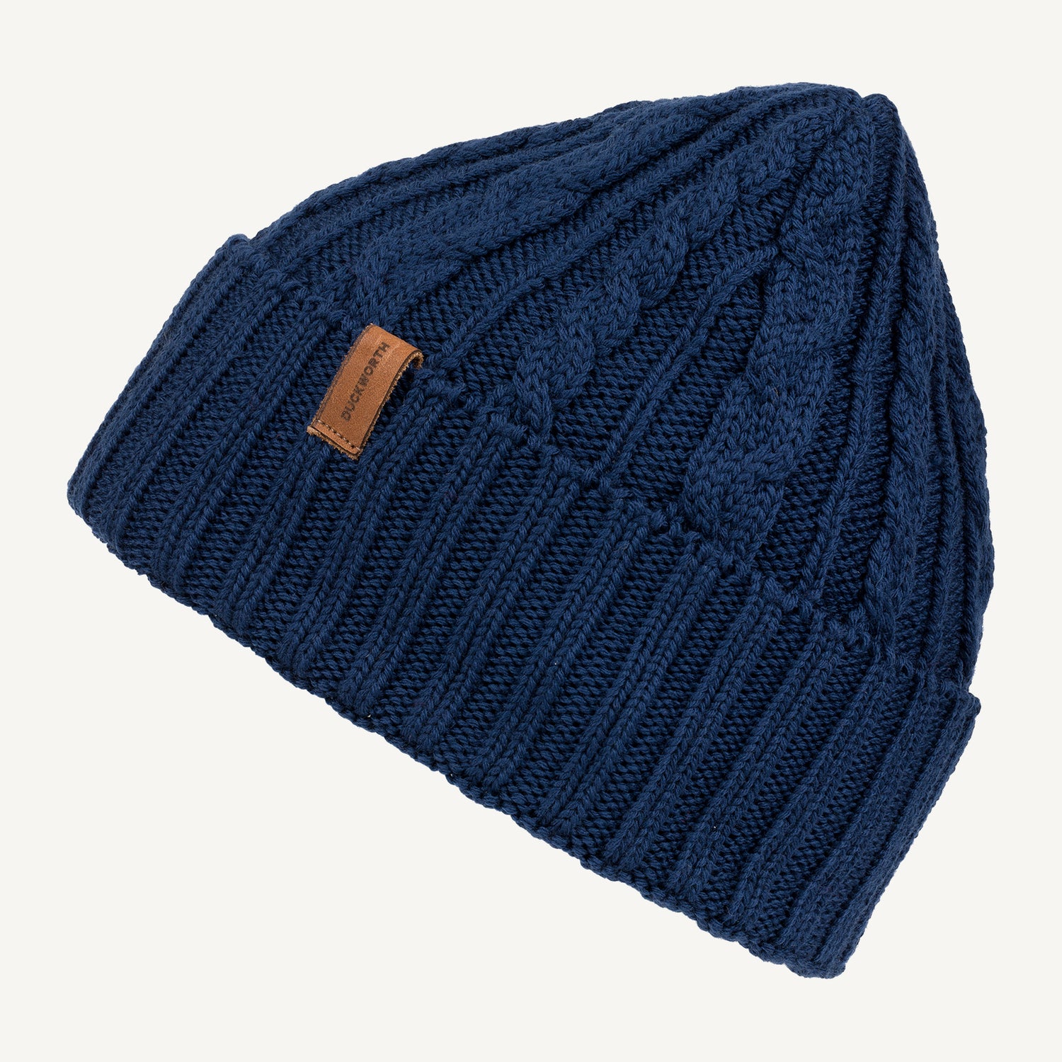A blue knitted American made merino wool hat.