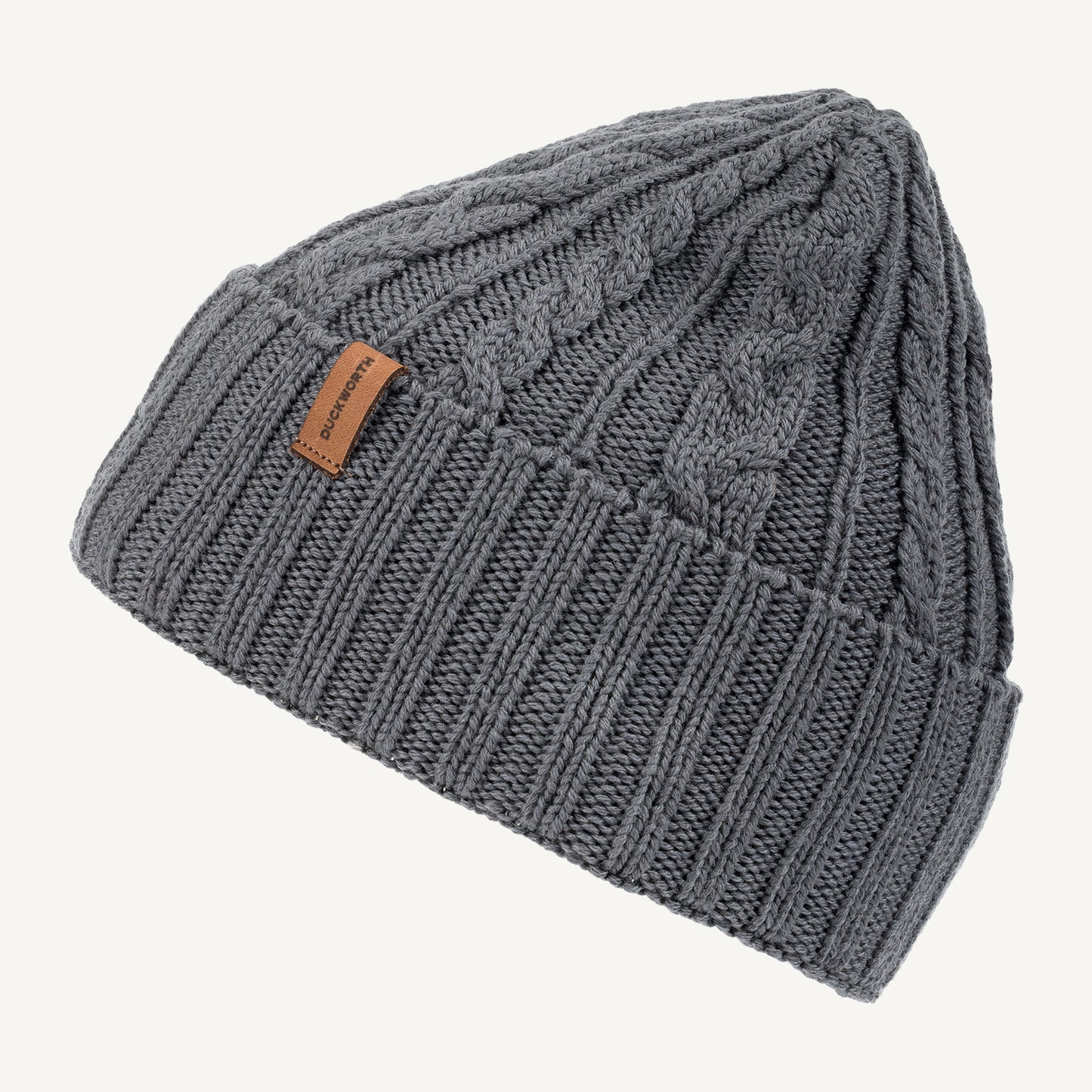 A gray knitted American made merino wool hat.