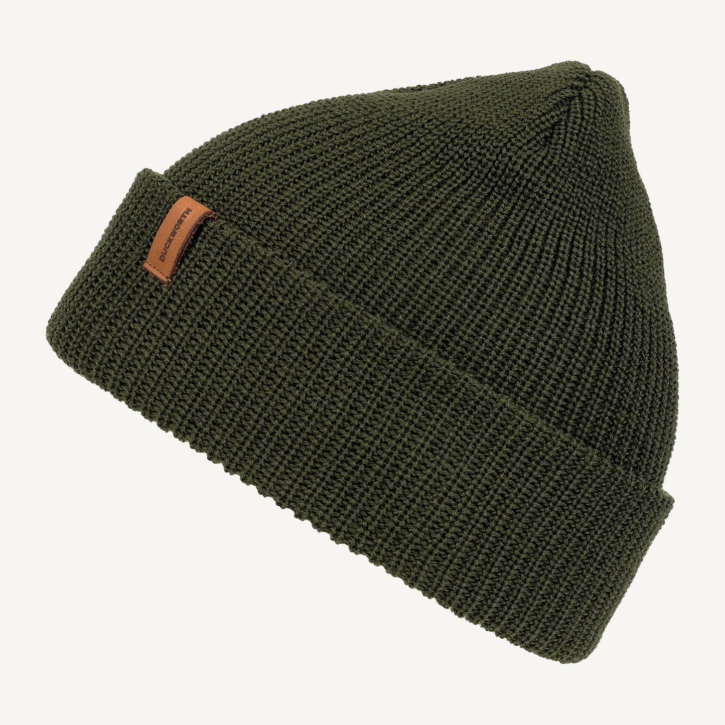 Green American made knitted merino wool hat with leather patch. 