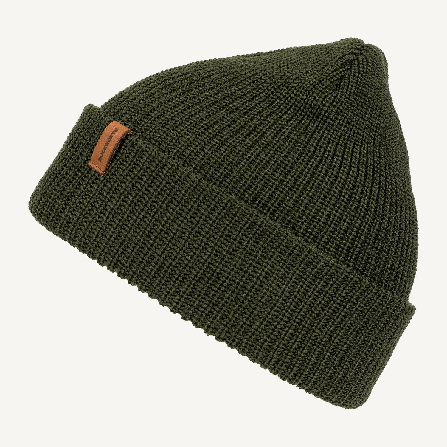 Green American made knitted merino wool hat with leather patch. 