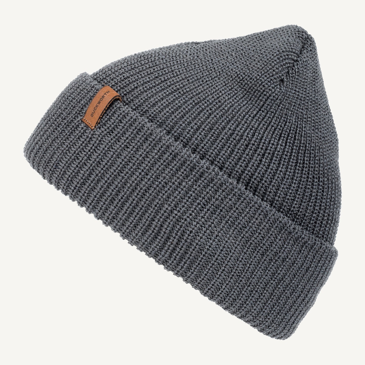 Gray American made knitted merino wool hat with leather patch. 