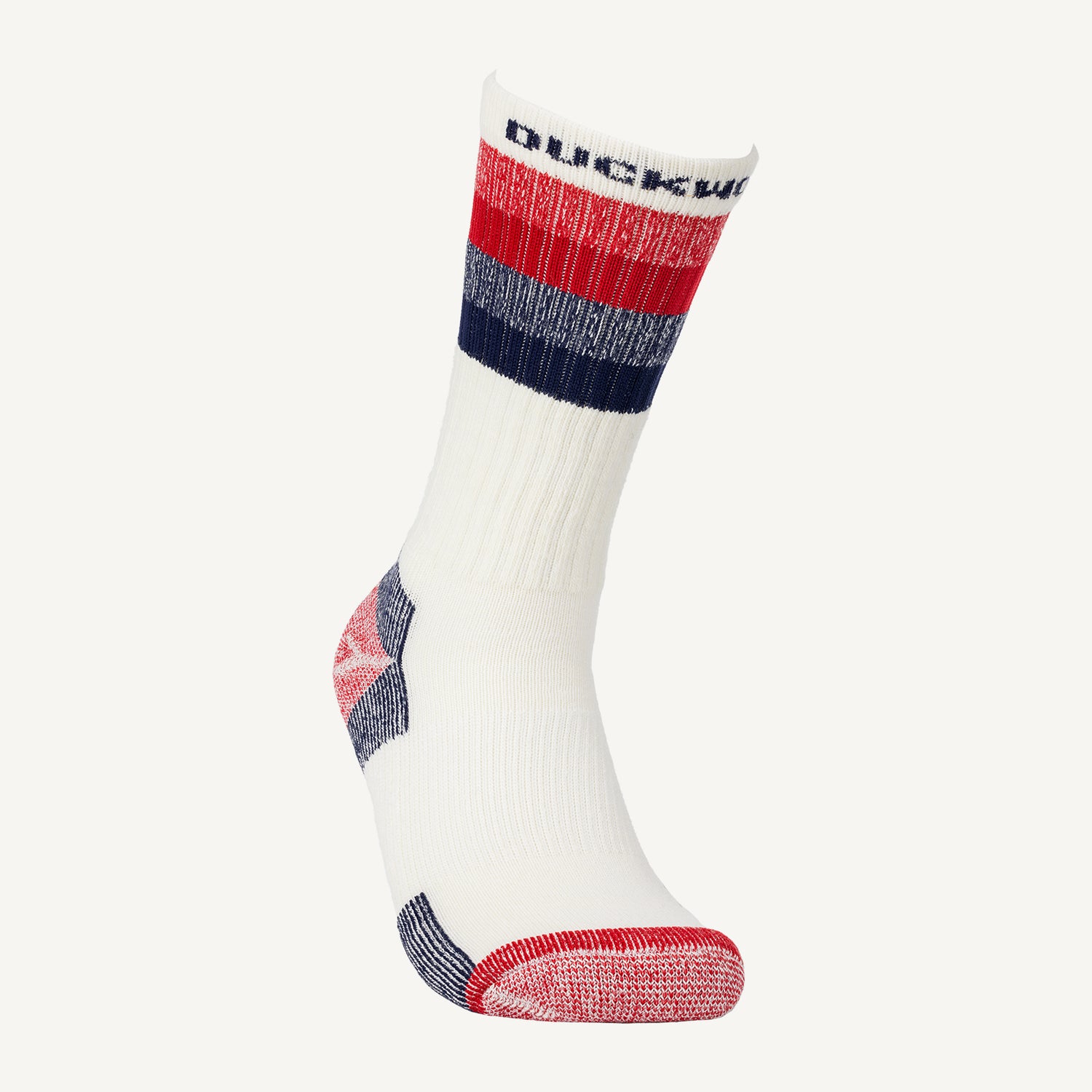 A red white and blue American made Duckworth merino wool sock.