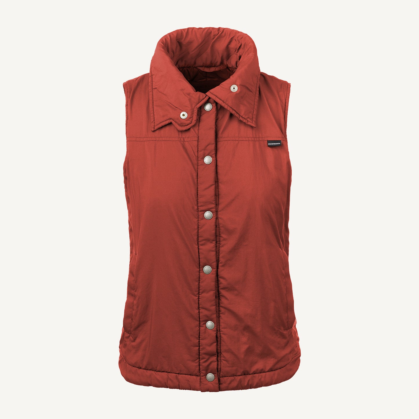 A red American made Duckworth wool insulated soft shell vest.