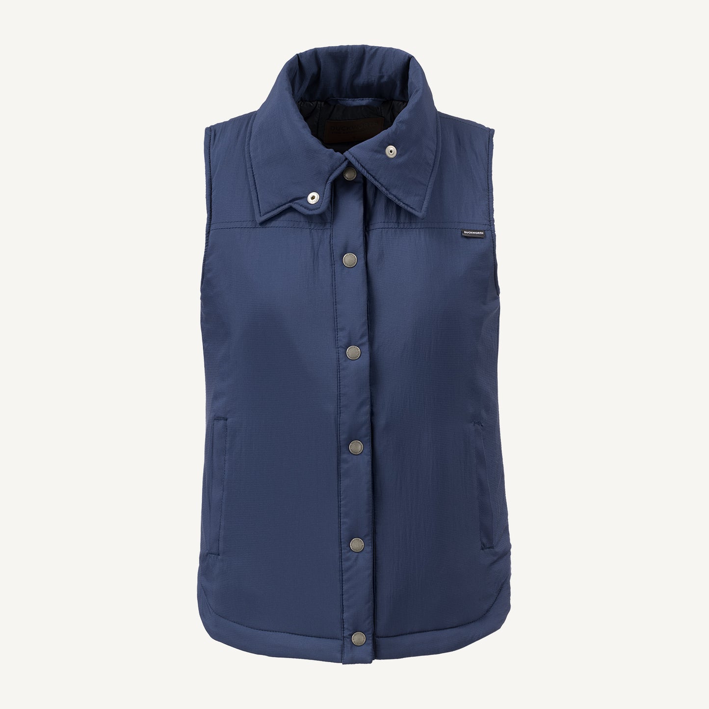 A blue American made Duckworth wool insulated soft shell vest.