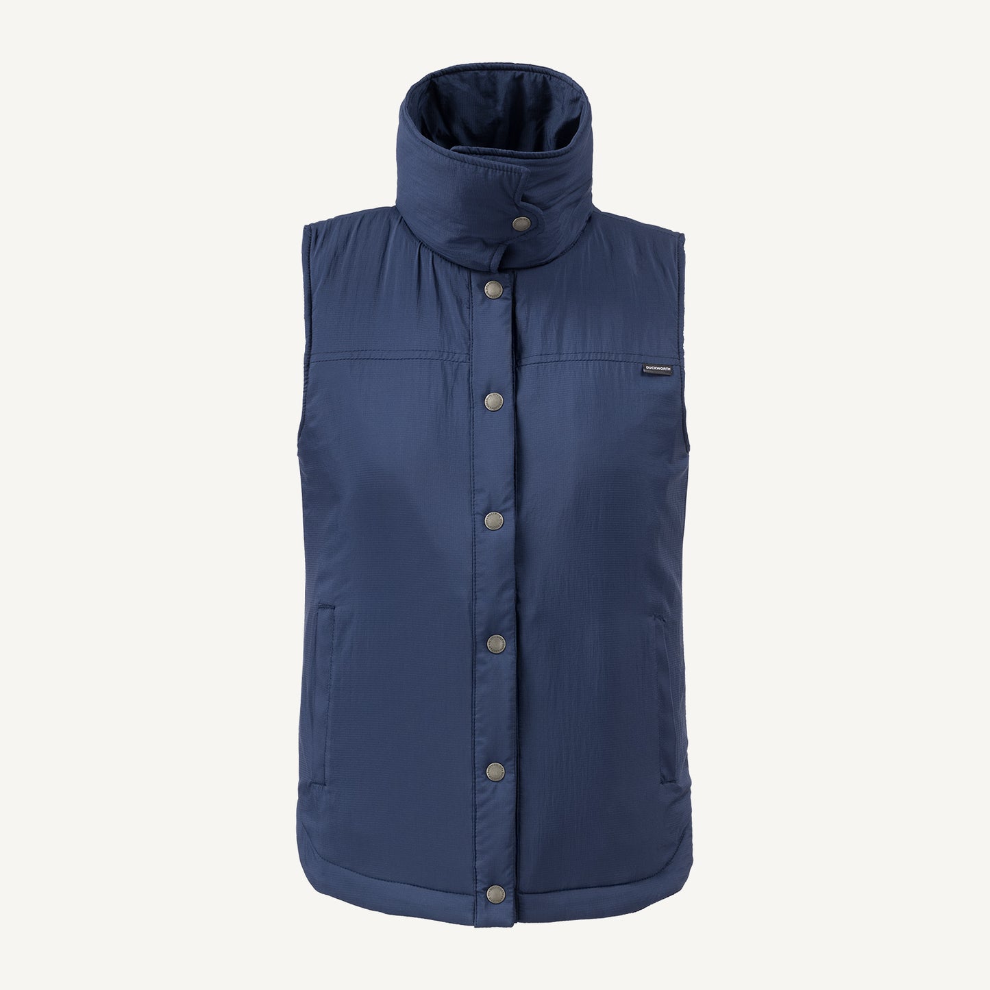 A blue American made Duckworth wool insulated soft shell vest.