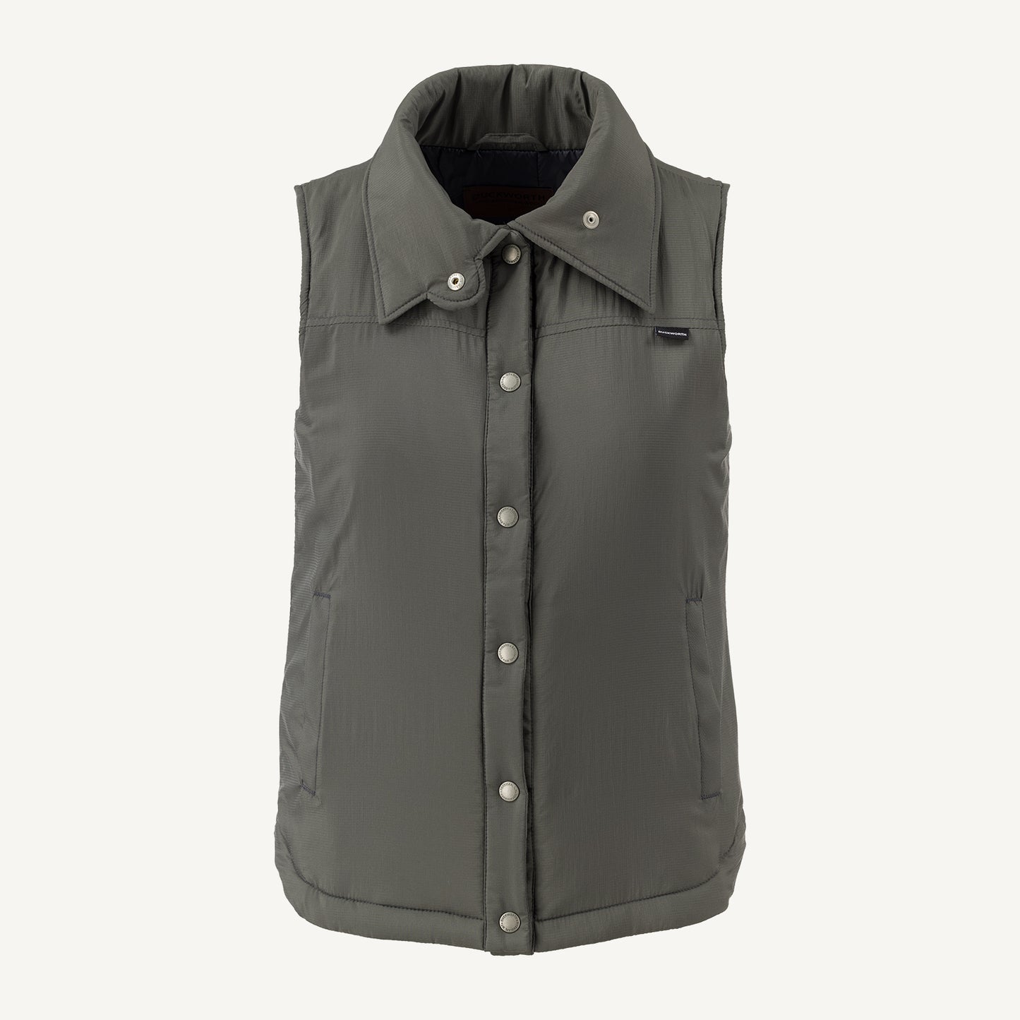 A gray American made Duckworth wool insulated soft shell vest.