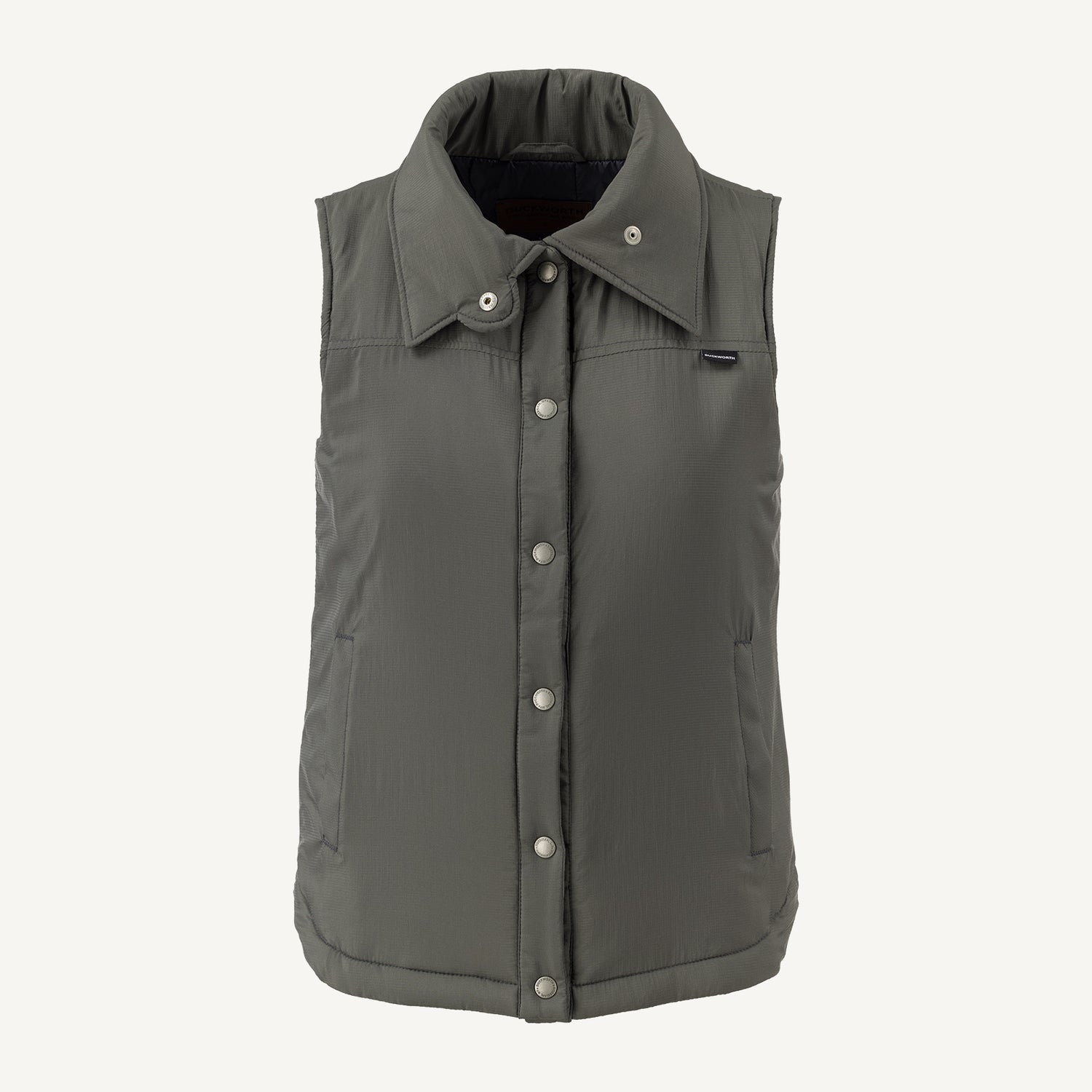 A gray American made Duckworth wool insulated soft shell vest.