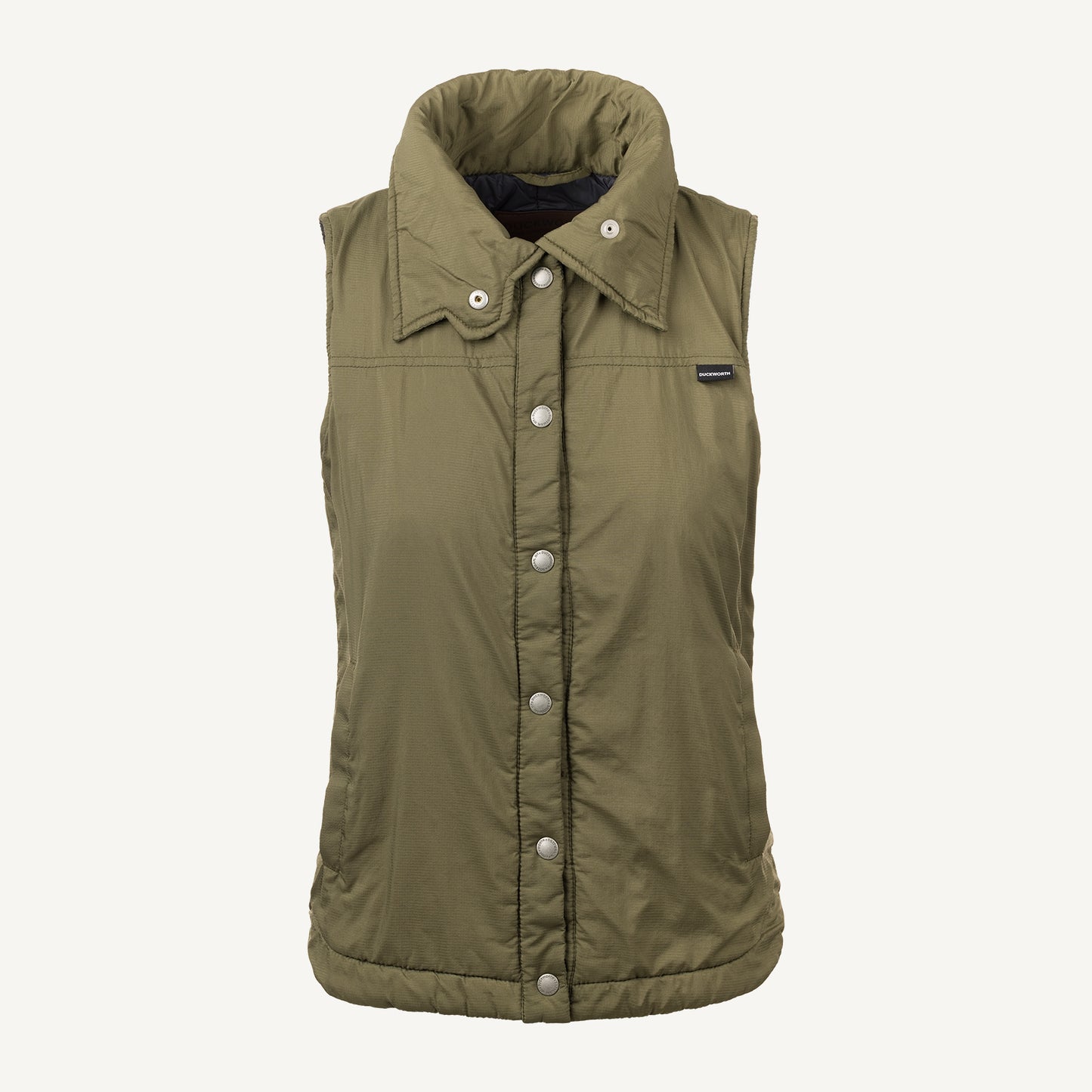 A green American made Duckworth wool insulated soft shell vest.