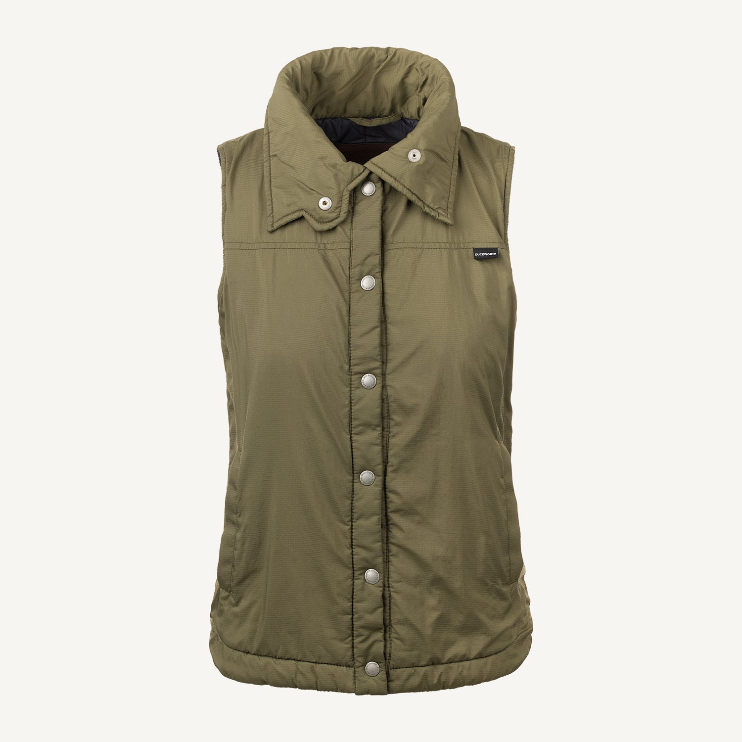 A green American made Duckworth wool insulated soft shell vest.