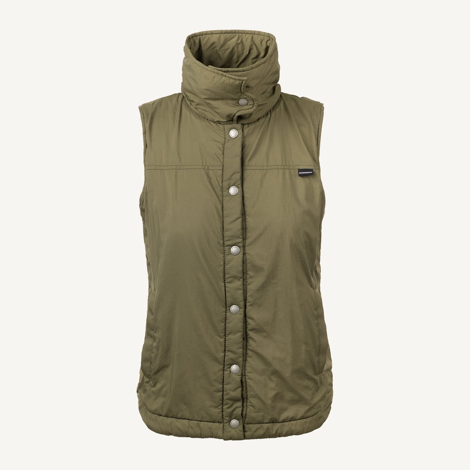 A green American made Duckworth wool insulated soft shell vest.