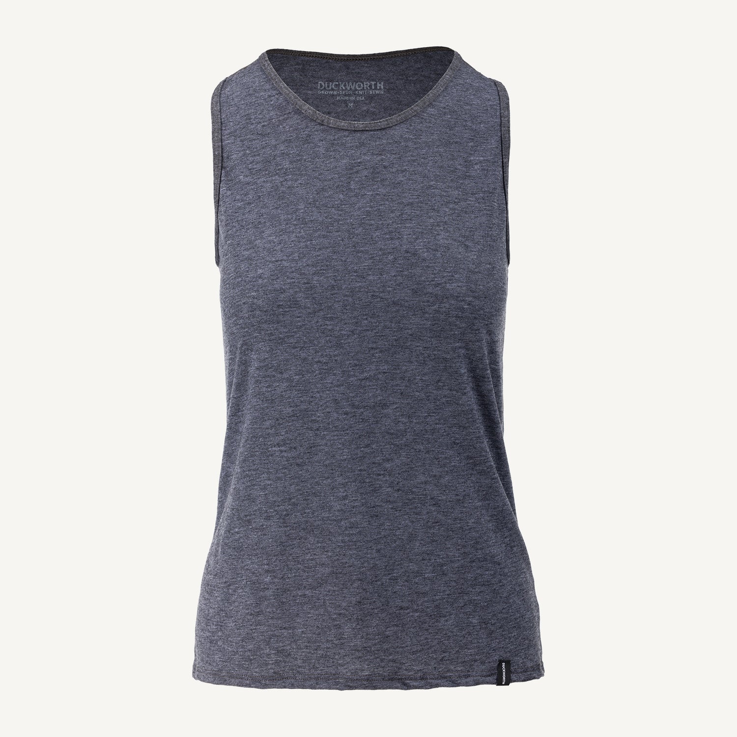 A charcoal gray American made Duckworth merino wool performance racerback tank.