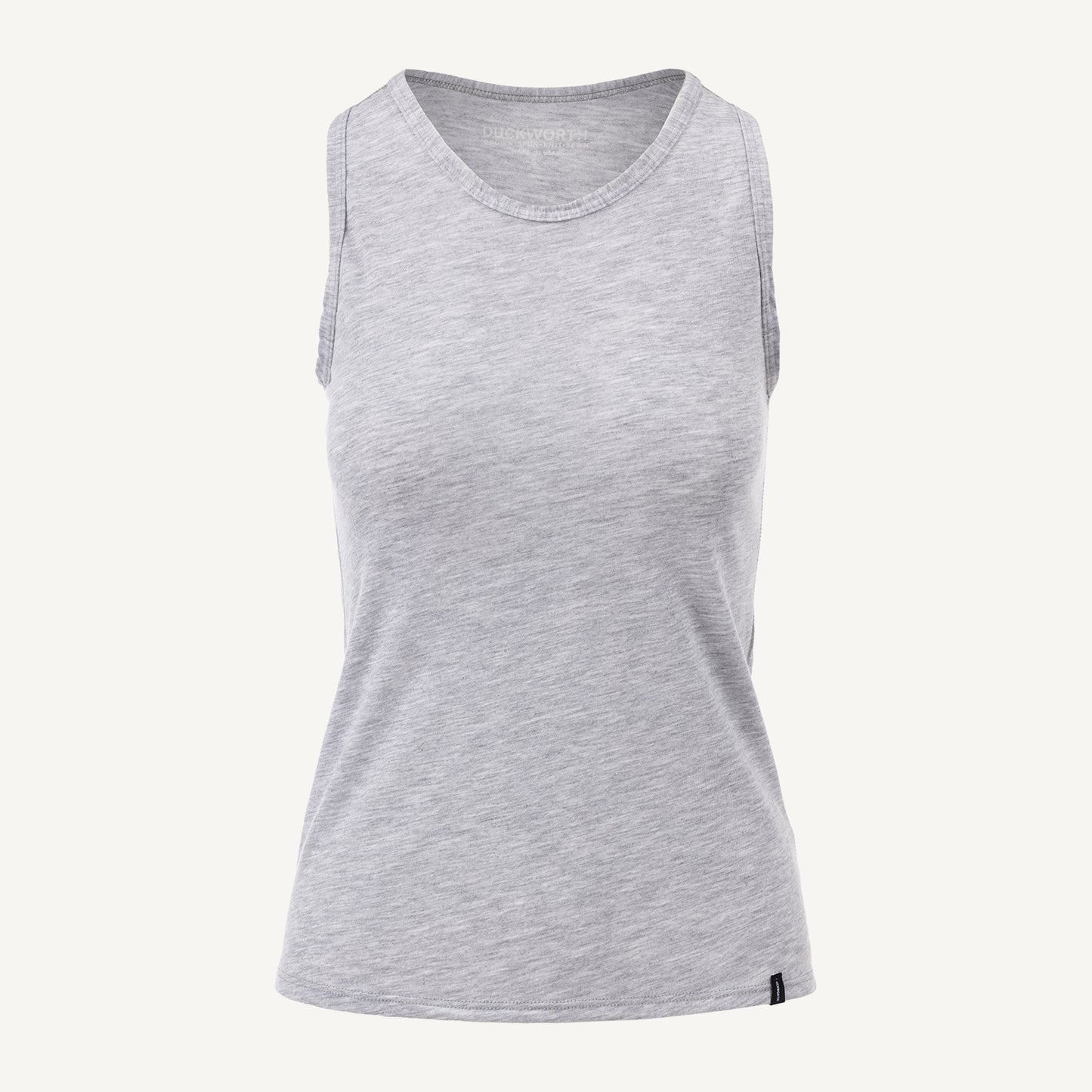 A gray American made Duckworth merino wool performance racerback tank.