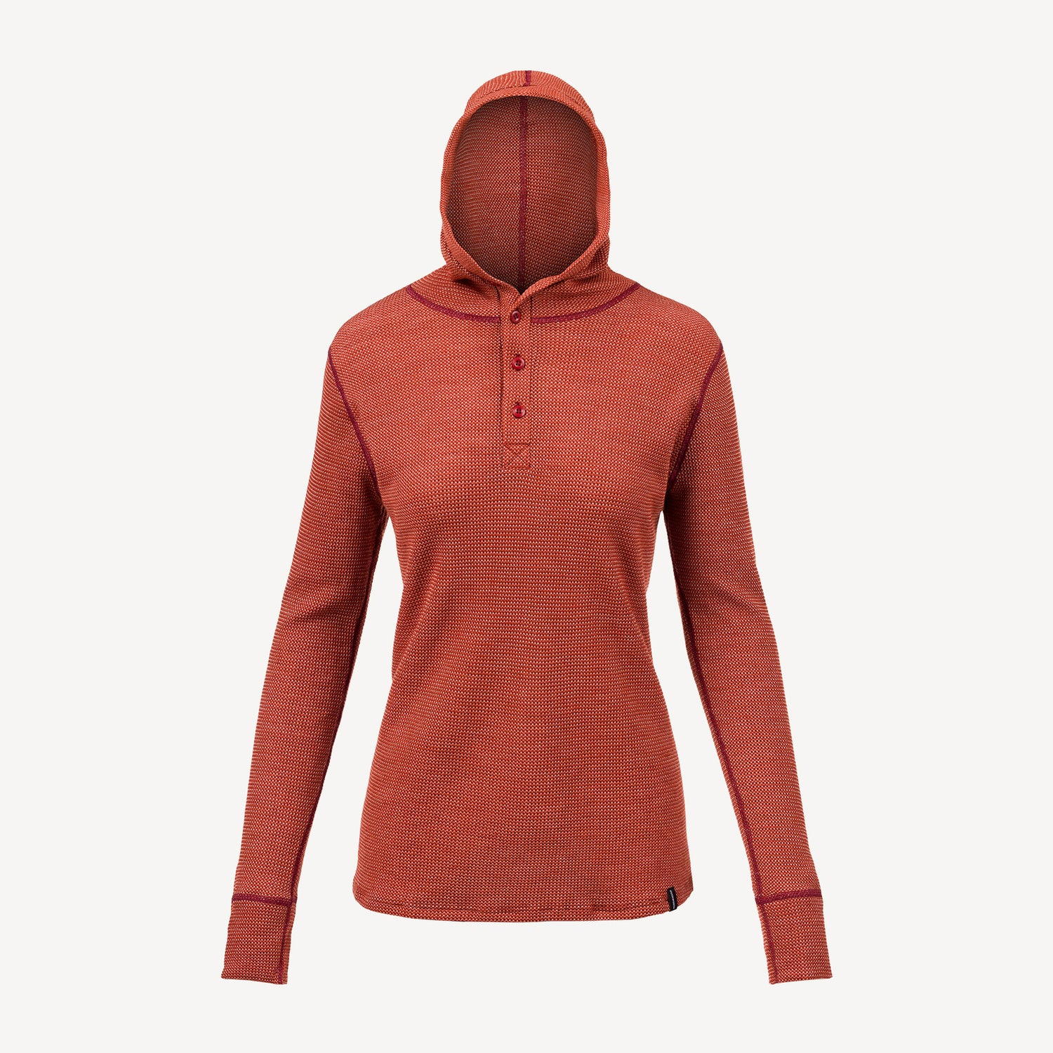 A red American made Duckworth merino wool waffle knit hoody.
