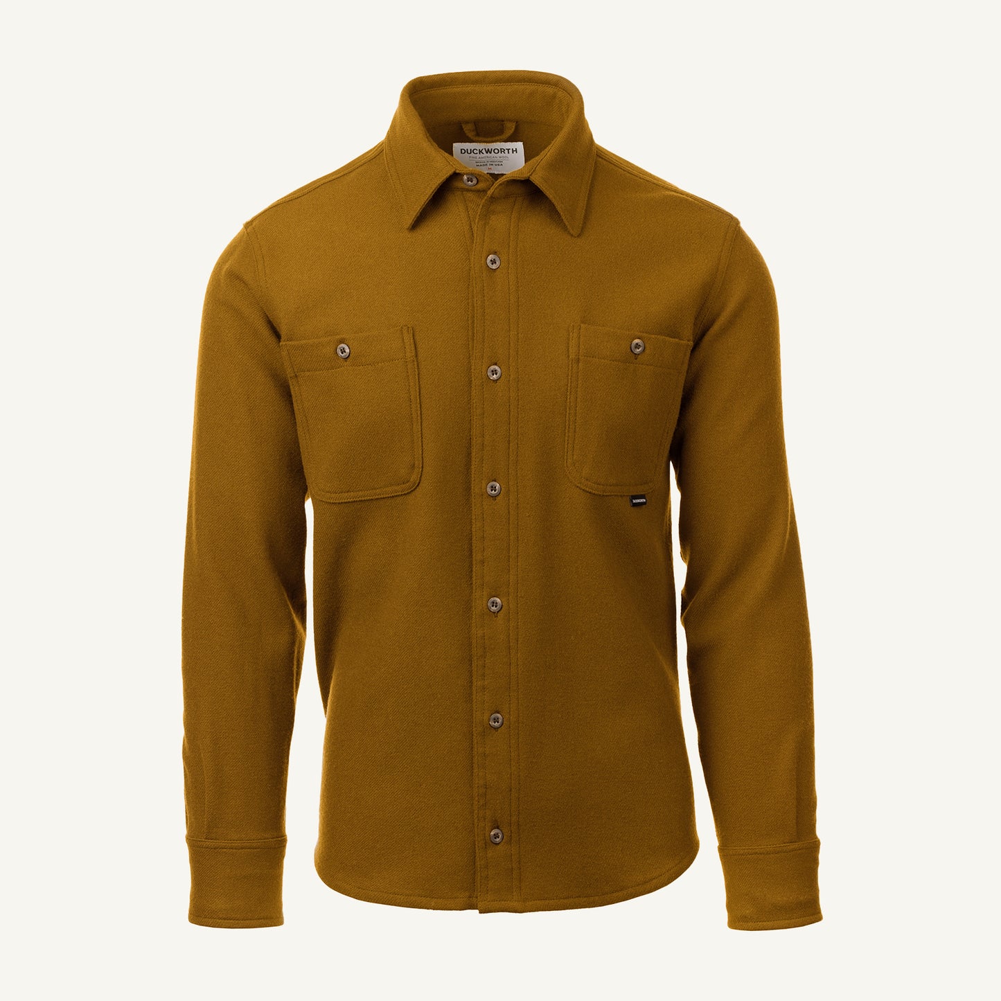 A tan American made Duckworth merino wool flannel work shirt.